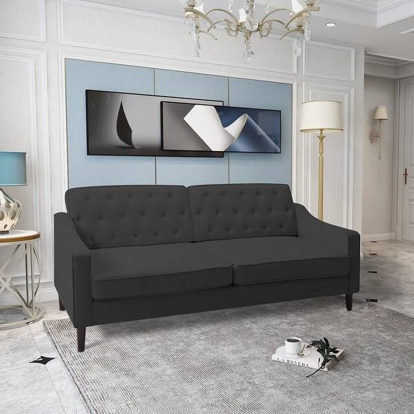 Loveseat with Square Track Arms, Tapered Black Legs, and Cream Woven Fabric