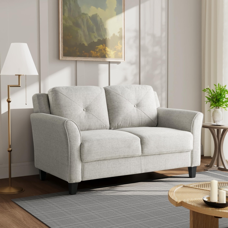 Loveseat Woven Fabric Beige Dark Tapered Feet Small Space Seating