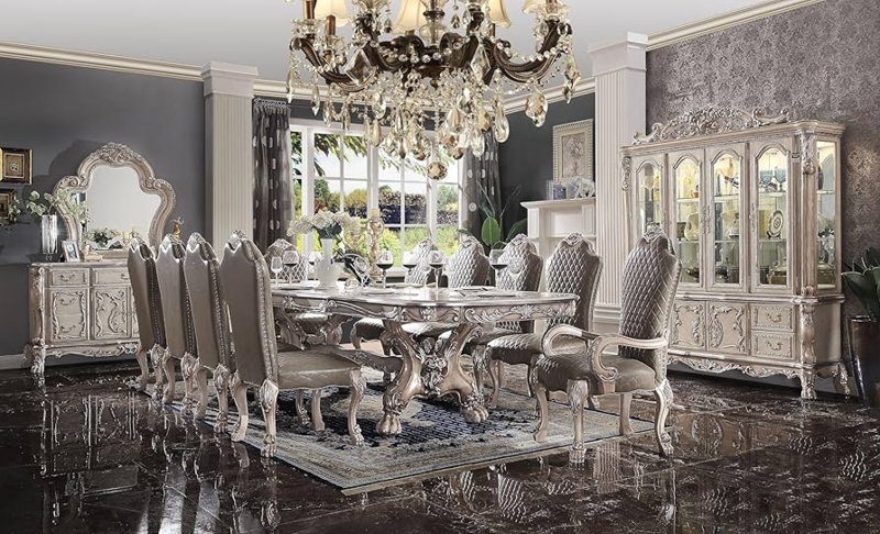 Luxurious 11-Piece Dining Set in Rococo Style, Bone White Finish