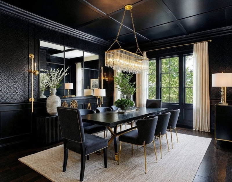 Luxury Dining Set with Channel Tufted Chairs in Navy Paneled Room