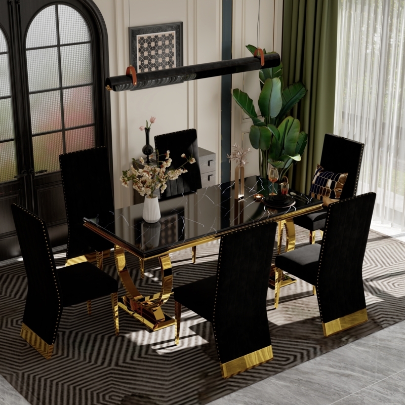 Luxury Dining Table Set Black Stone Top Gold Geometric Base