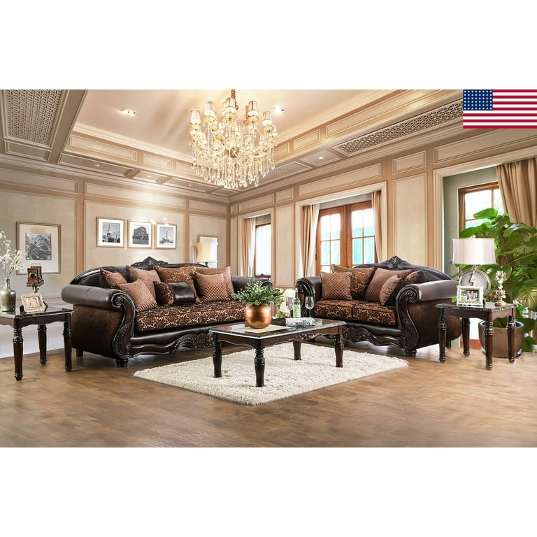 Majestic Royal 5 Piece Set Living Room Furniture Traditional Sofa Loveseat  Pillows Cushion Brown Chenille Fabric Coffee Table End Tables Included USA