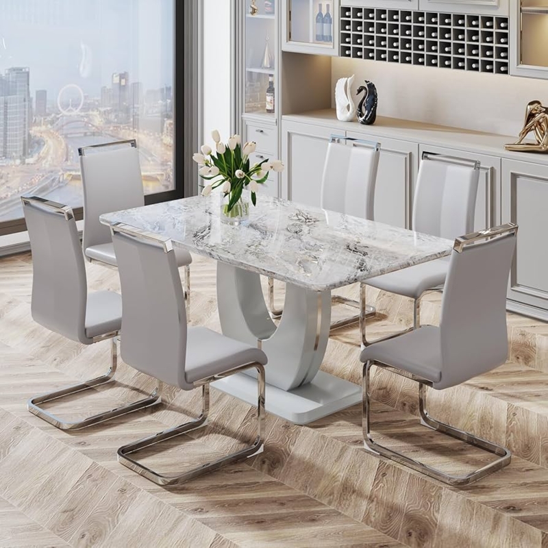 Marble Dining Set for 6 U-Shaped Pedestal Cantilever Chairs