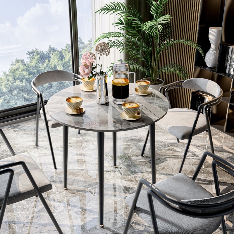 Marble Look Dining Table Round Black Pedestal Base Minimalist Airy