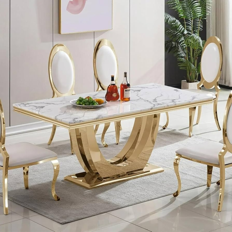Marble Look Rectangular Dining Table with Mirrored Base