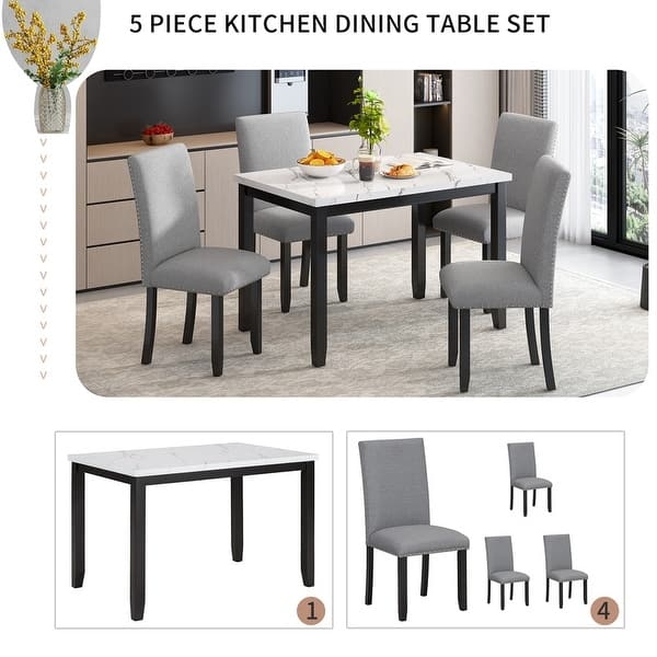 Marble Top Dining Set Slim Black Legs Upholstered Chairs