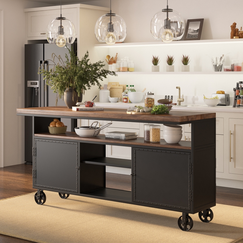 Matte Black Kitchen Island Cabinet with Slatted Storage Shelf