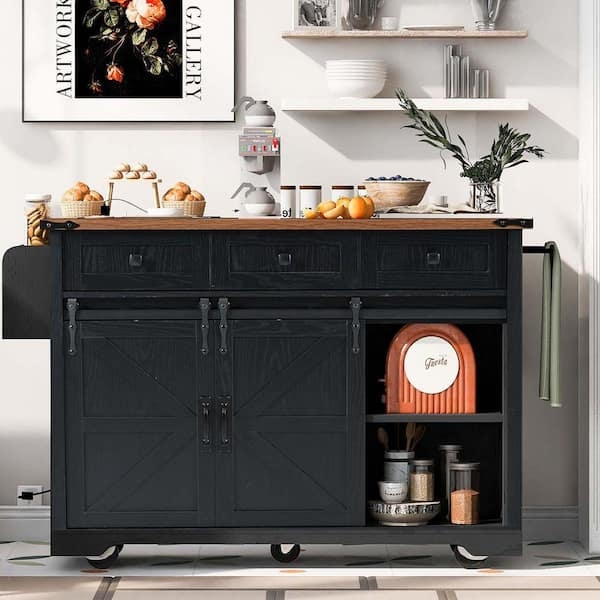 Matte Black Kitchen Island Cart with Wood Drop Leaf and Shaker Doors