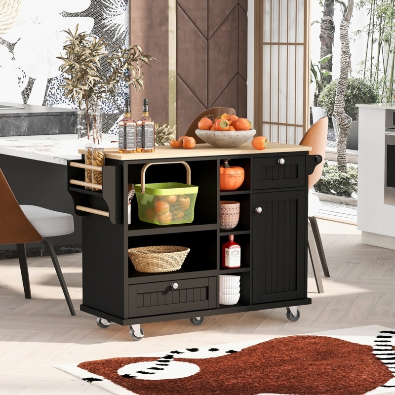 Matte Black Kitchen Island Cart with Wood Top and Towel Bar