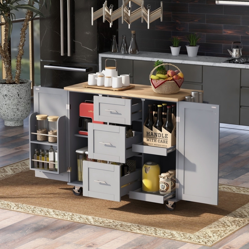 Matte Black Kitchen Island with Slatted Slide-Out Shelves & Wood Top