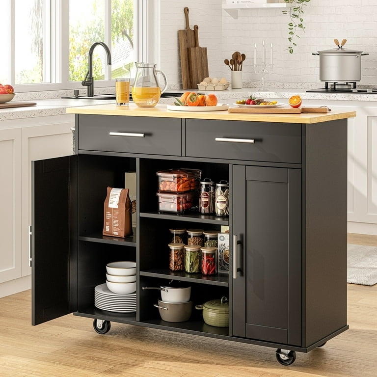 Matte Black Rolling Kitchen Cart with Mixed Storage Layout