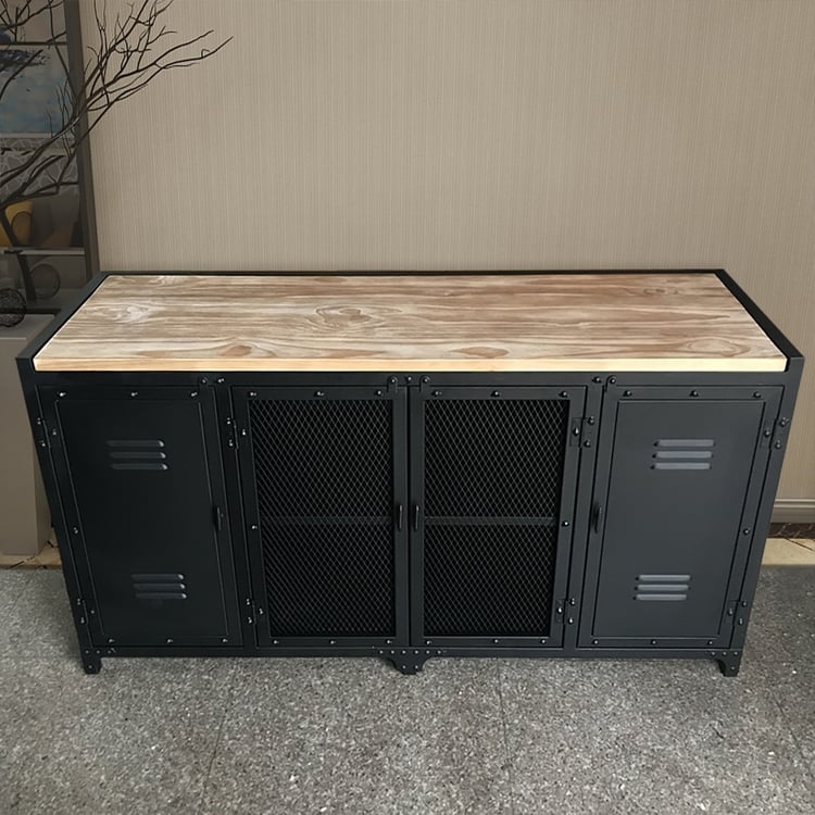 Matte Black Sideboard with Gold Accent Hardware and Wire Mesh Doors