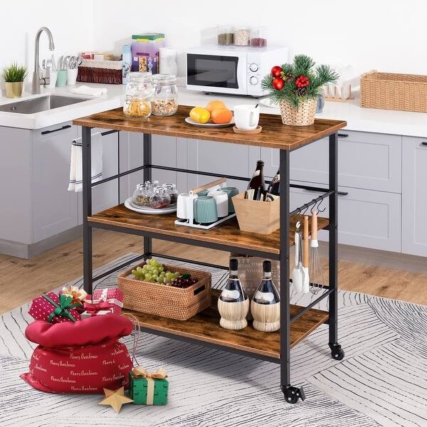 Metal Mesh Kitchen Prep Station Cart with Integrated Utensil Hooks