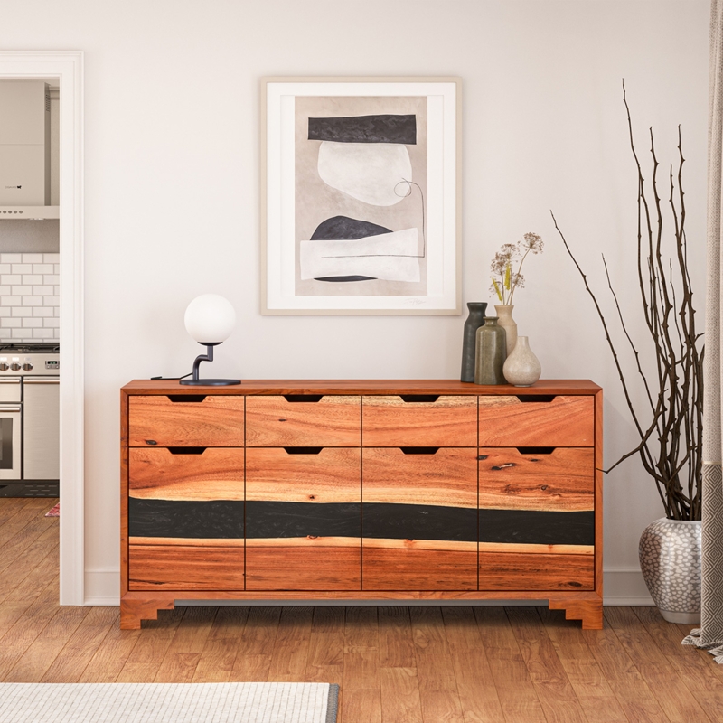 Mid-Century Acacia Wood Sideboard with Black Epoxy Resin Inlay