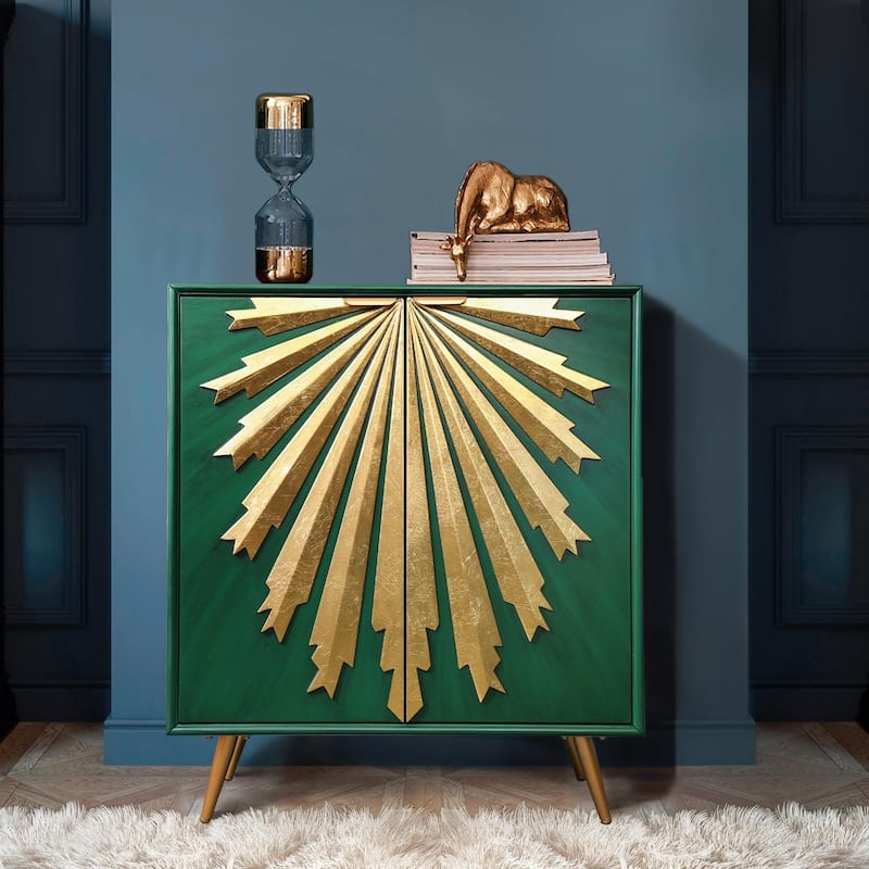 Mid-Century Accent Cabinet Wood Sunburst Pattern Gold-Capped Legs