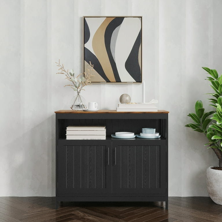 Mid-Century Black Buffet with Walnut Top and Open Middle Shelf