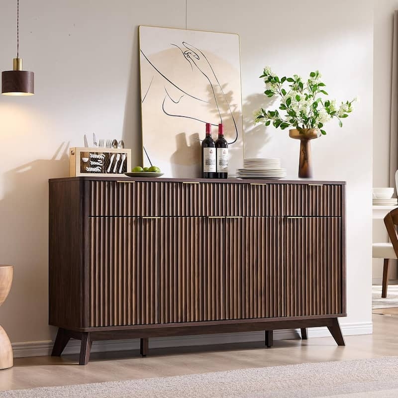 Mid-Century Buffet Dark Walnut Fluted Doors Gold Knob Pulls