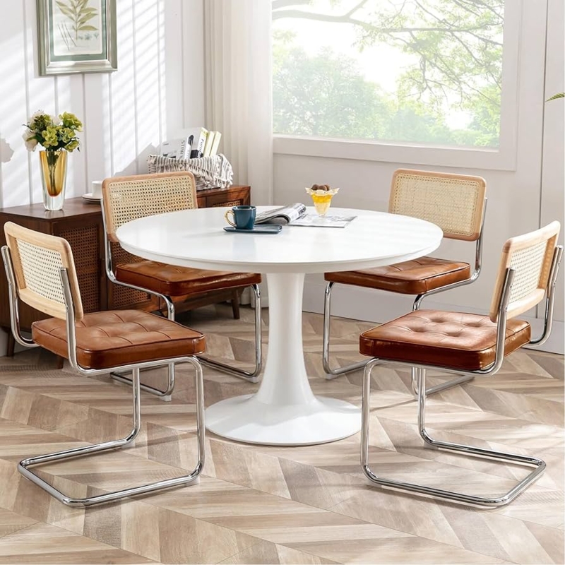Mid-Century Cantilever Dining Chairs with Rattan and Brown Leather