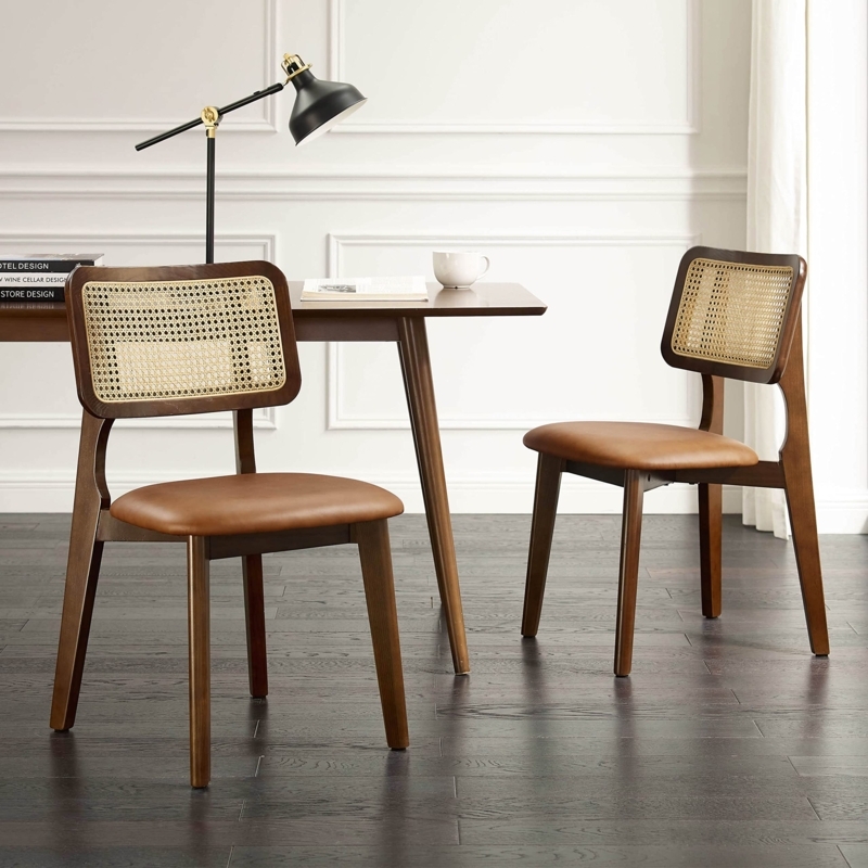 Mid-Century Dining Chair Set Rattan Back Walnut Frame Black Seat