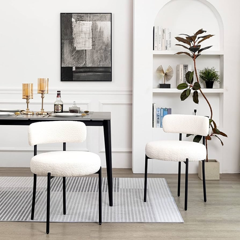 Mid-Century Dining Chair White Boucle Splayed Black Metal Legs