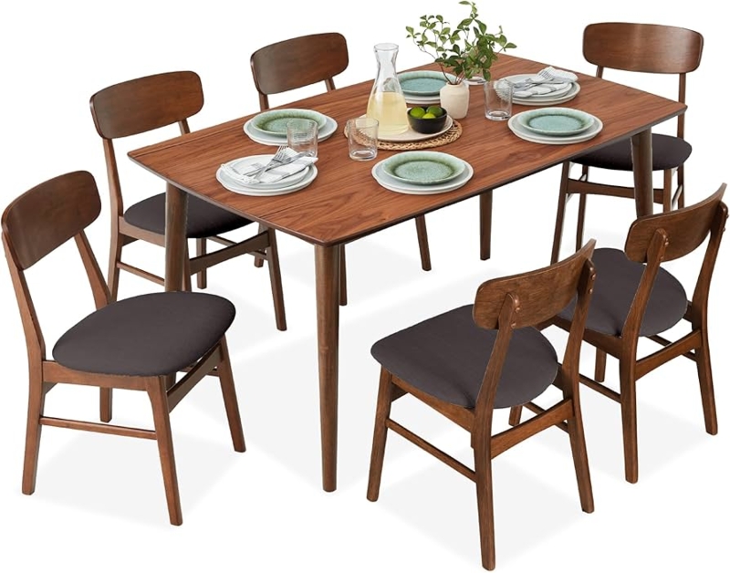 Mid-Century Dining Set Walnut Finish Rounded Corners Charcoal Gray