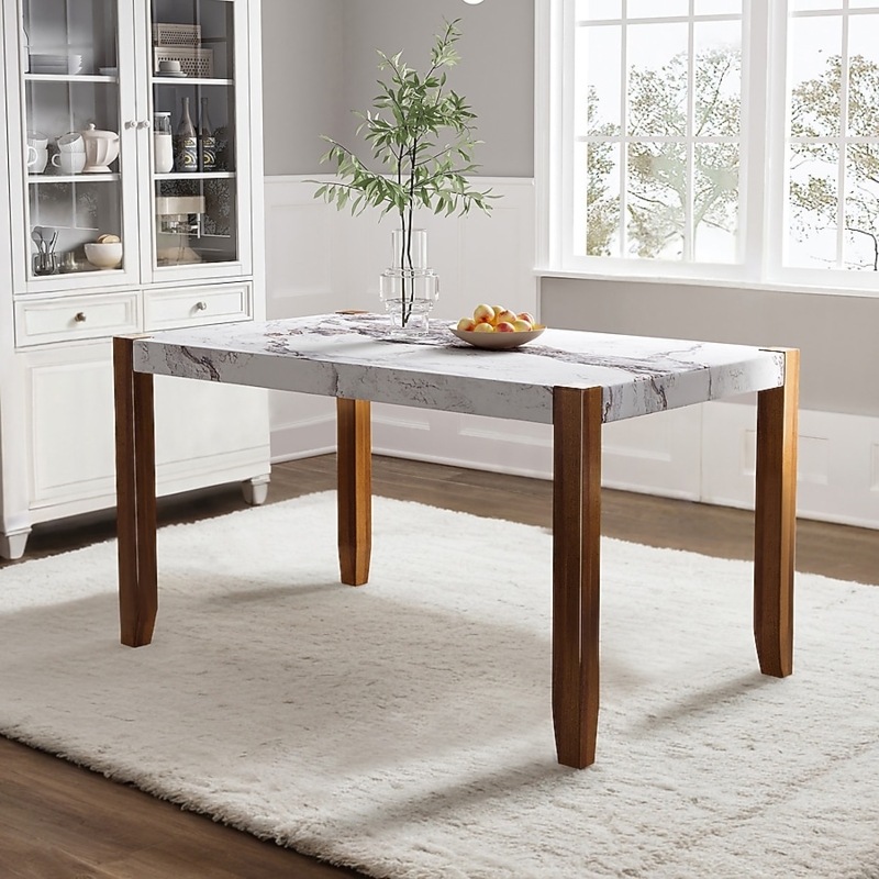 Mid-Century Dining Table, Marble Effect Top Tapered Wood Legs