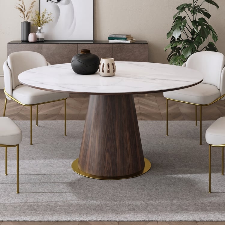 Mid Century Dining Table Round White Stone Top Wood Tripod Base