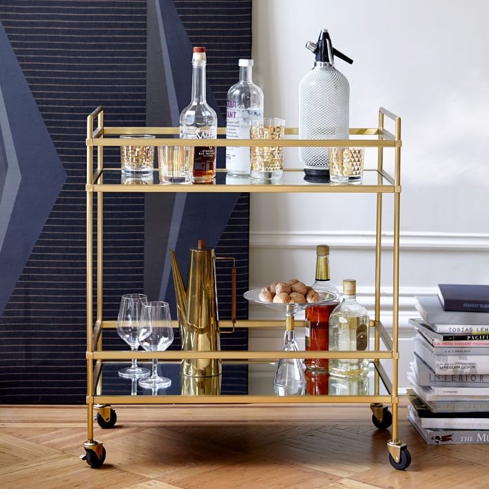 Mid Century Modern Bar Cart featuring Warm Brass-Toned Metal Finish
