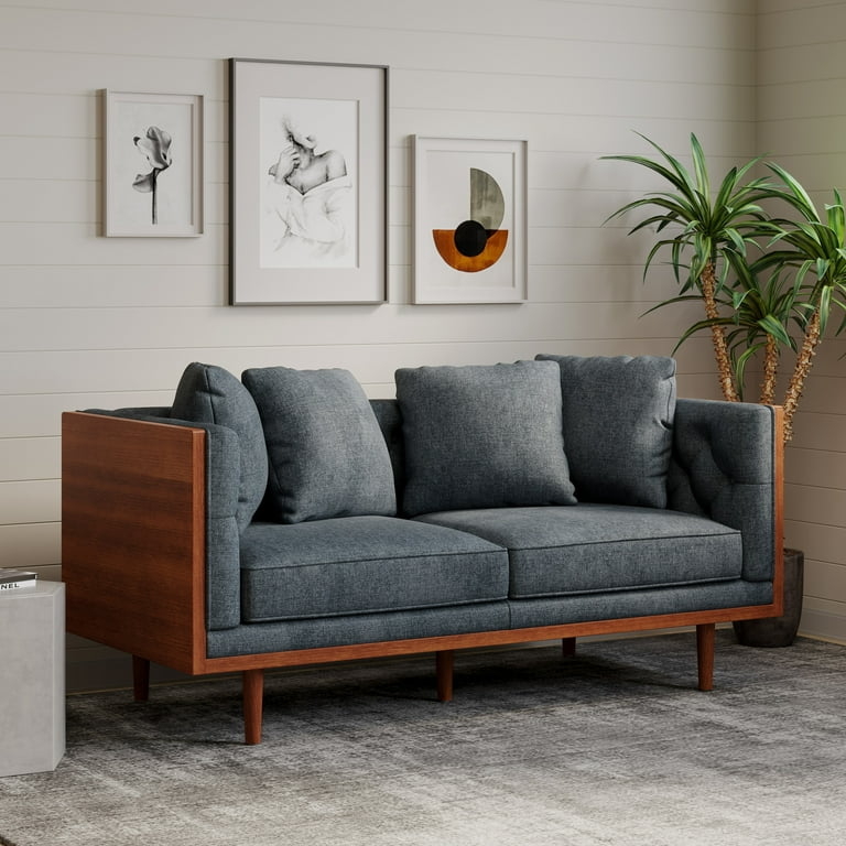 Mid Century Modern Charcoal Loveseat with Flared Walnut Legs