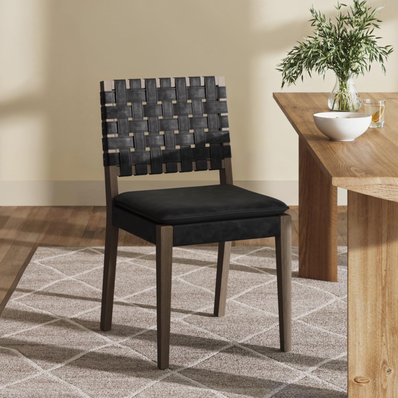 Mid-Century Modern Dining Chair Walnut Frame with Black Woven Back