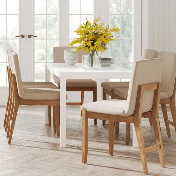Mid-Century Modern Dining Chair with Natural Flax Upholstery