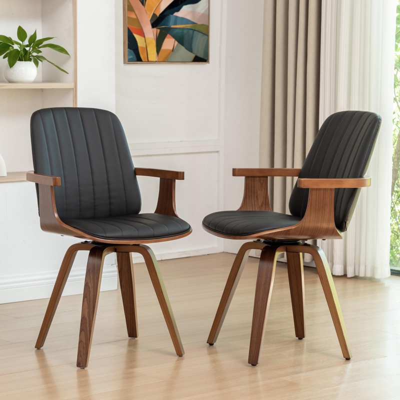 Mid-Century Modern Dining Chairs, Walnut Frame Black Curved Seat