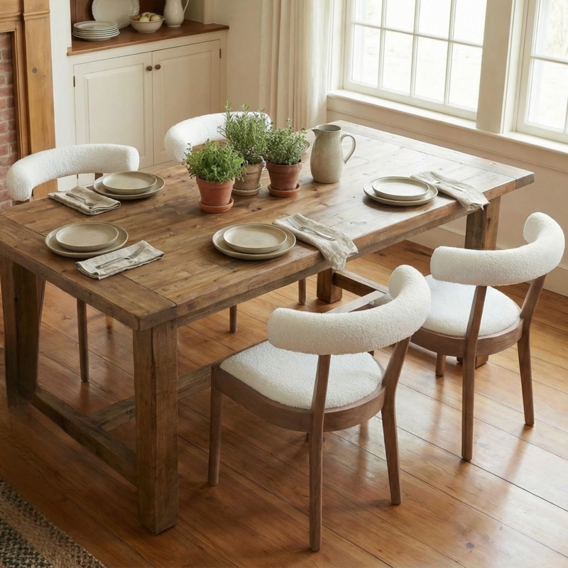 Mid Century Modern Dining Chairs with White Sherpa Upholstery