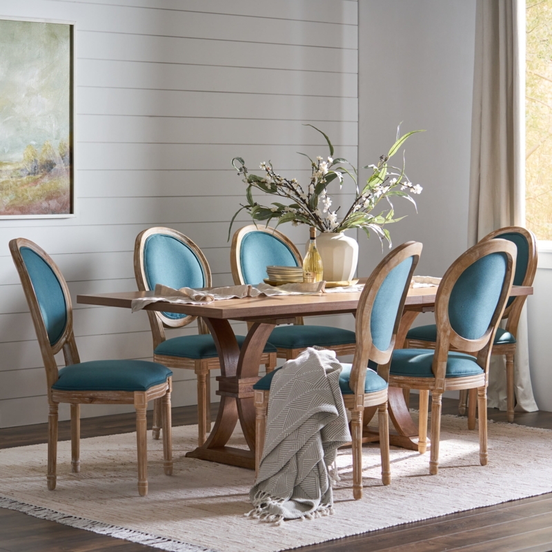 Mid-Century Modern Dining Set, 7-Piece Natural Wood & Teal Upholstery