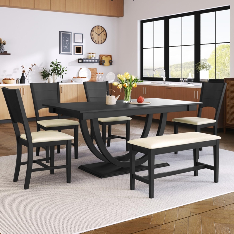 Mid-Century Modern Dining Set with Bench and Pedestal Table