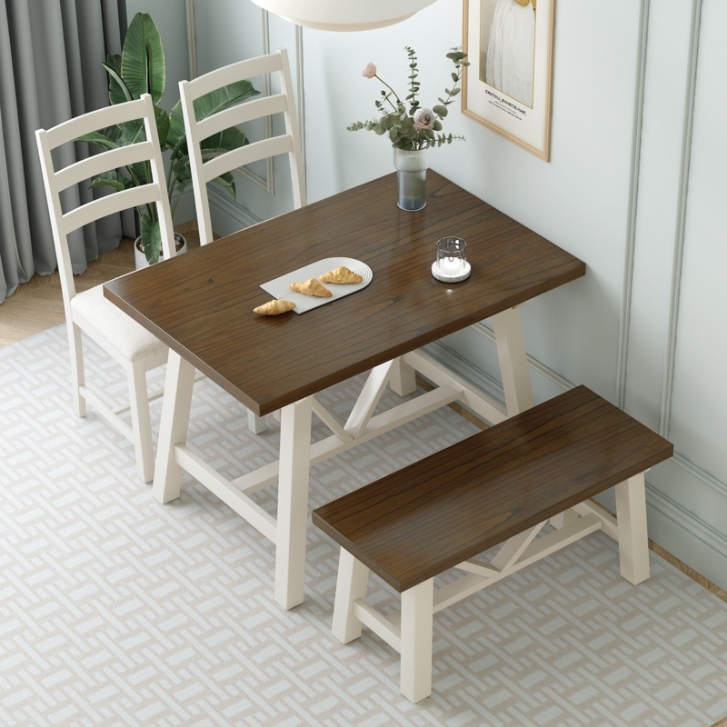 Mid-Century Modern Dining Set with Matching Bench and Tapered Legs.