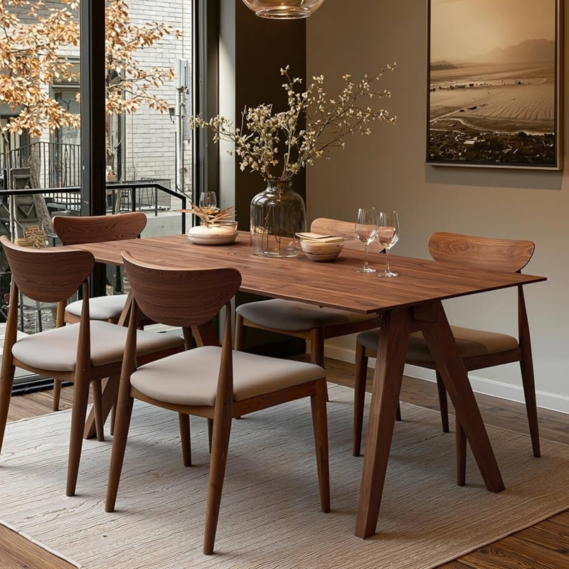 Mid Century Modern Dining Table Walnut Tapered Legs Rounded Corners