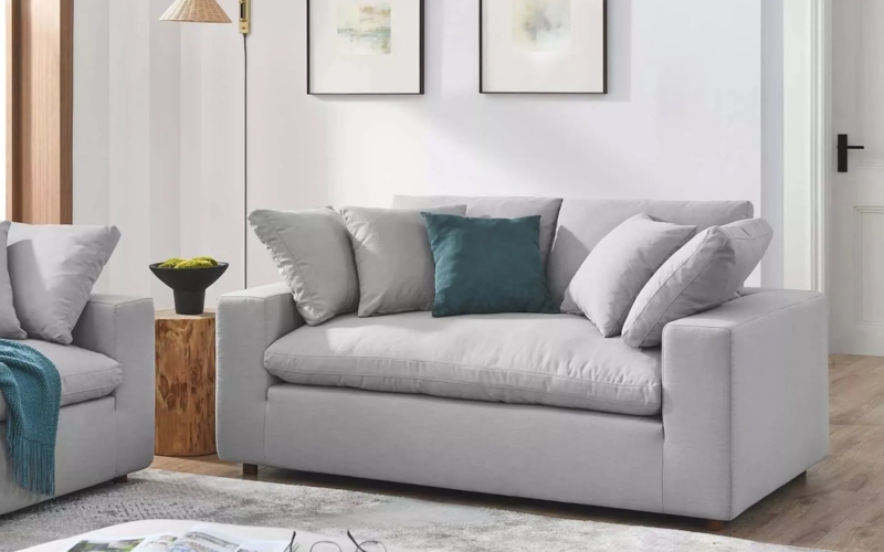 Mid-Century Modern Loveseat: Dusty Blue Upholstery and Flared Arms