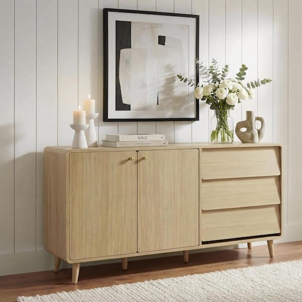 Mid-Century Modern Oak Sideboard with Tapered Legs & Black Pulls