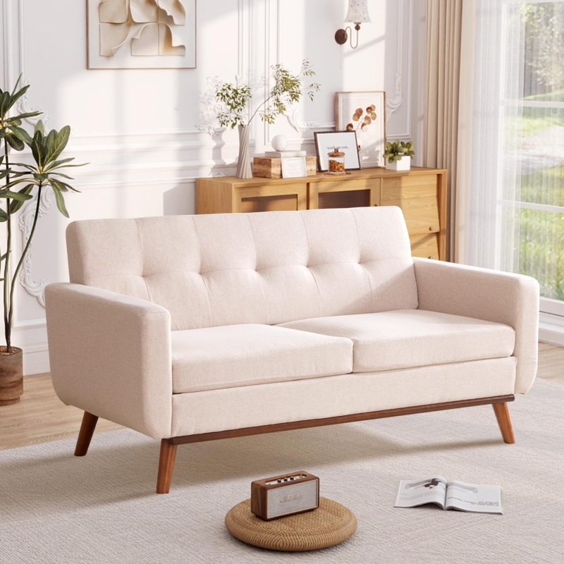 Mid-Century Modern Oatmeal Loveseat with Button Tufted Back