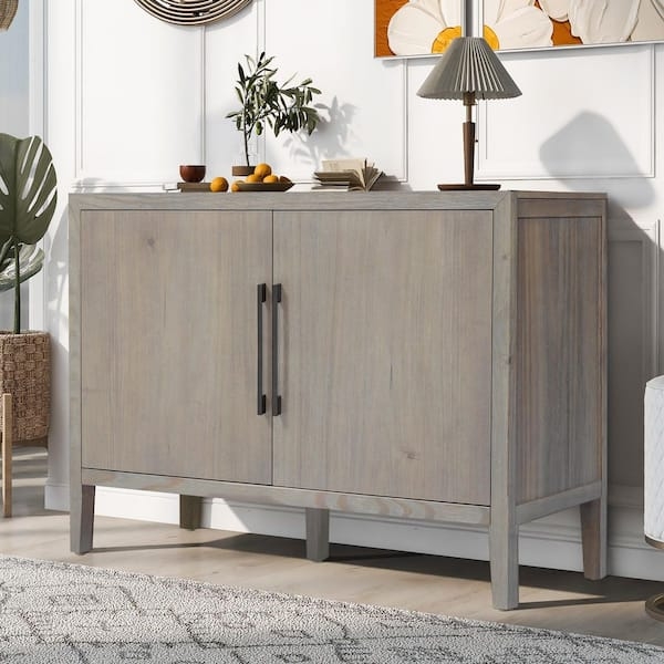 Mid-Century Modern Sideboard Two Doors Long Metal Bar Handles Buffet
