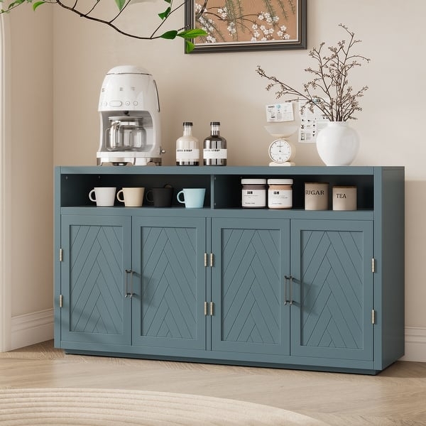 Mid-Century Modern Sideboard with Ribbed Doors and Open Shelf, Dark Wood