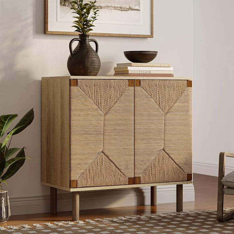 Mid Century Modern Small Sideboard with Woven Seagrass Doors