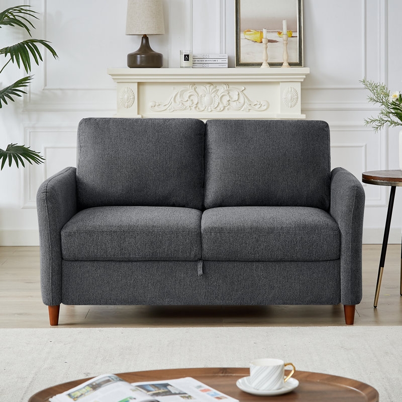 Mid-Century Modern Storage Loveseat, Dark Gray Bench Seat, Flared Arms