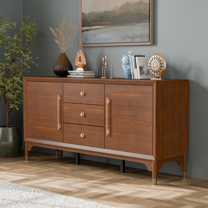 Mid-Century Modern Walnut Sideboard Buffet with Sliding Doors