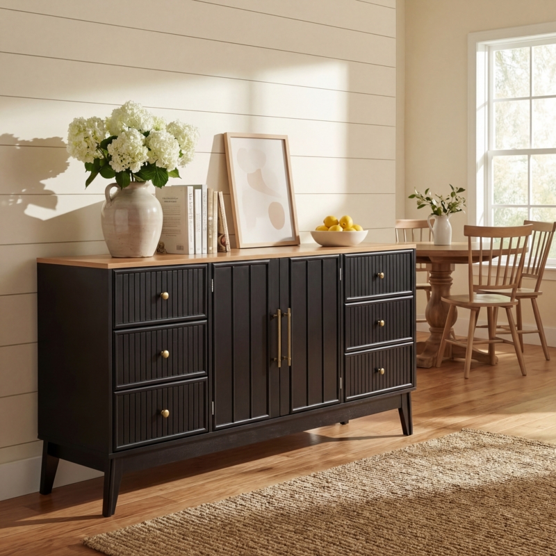 Mid-Century Modern Wood Sideboard Buffet with Six Central Drawers