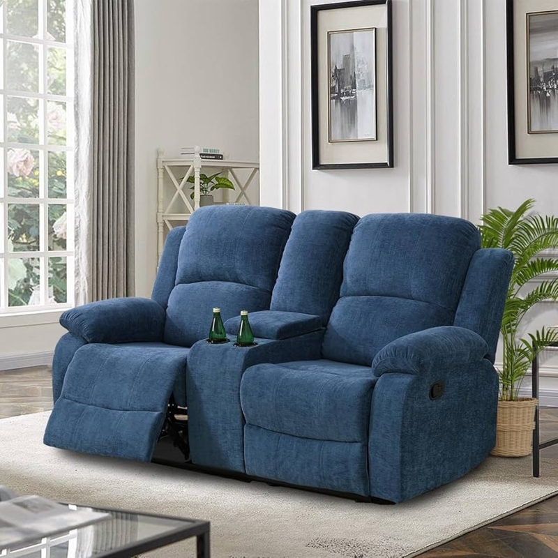 Mid-Century Reclining Loveseat, Navy Blue Fabric with Tufted Back