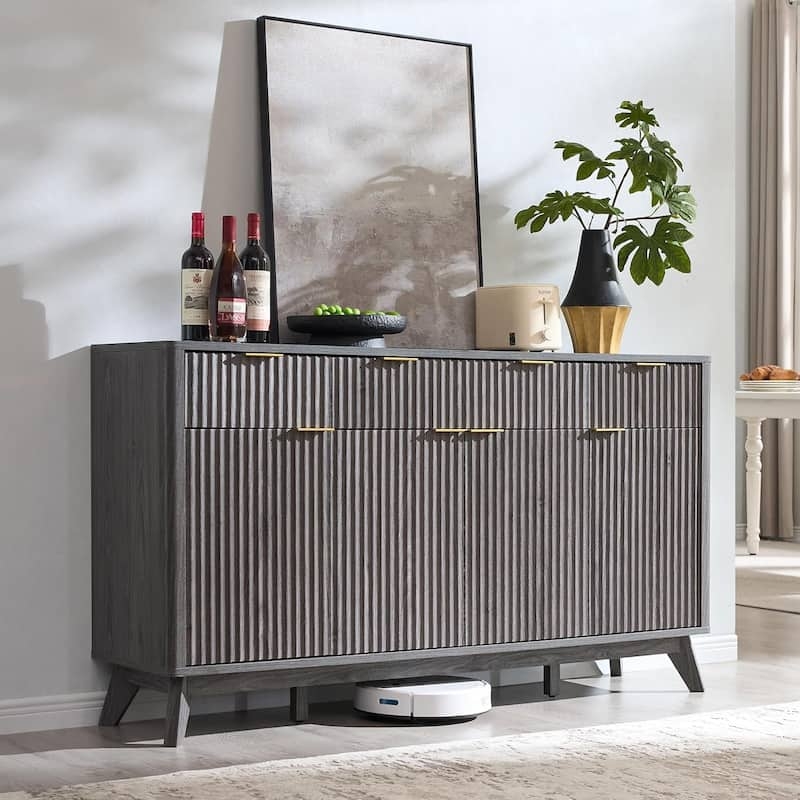 Mid-Century Sideboard Dark Alder Fluted Doors Matte Finish Gold Legs