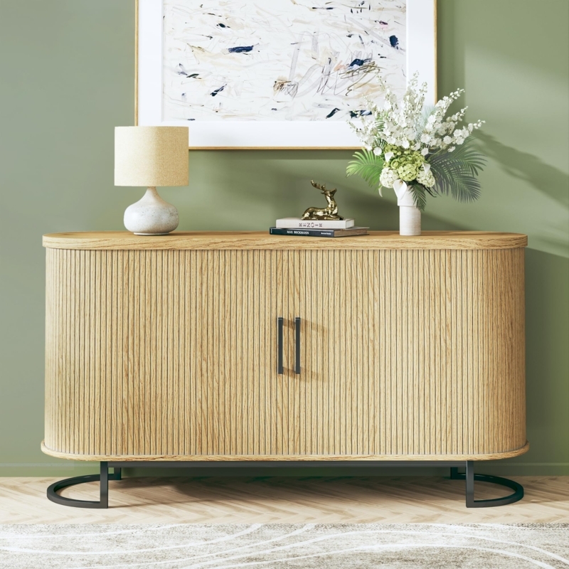Mid-Century Sideboard Fluted Tambour Doors Black Base
