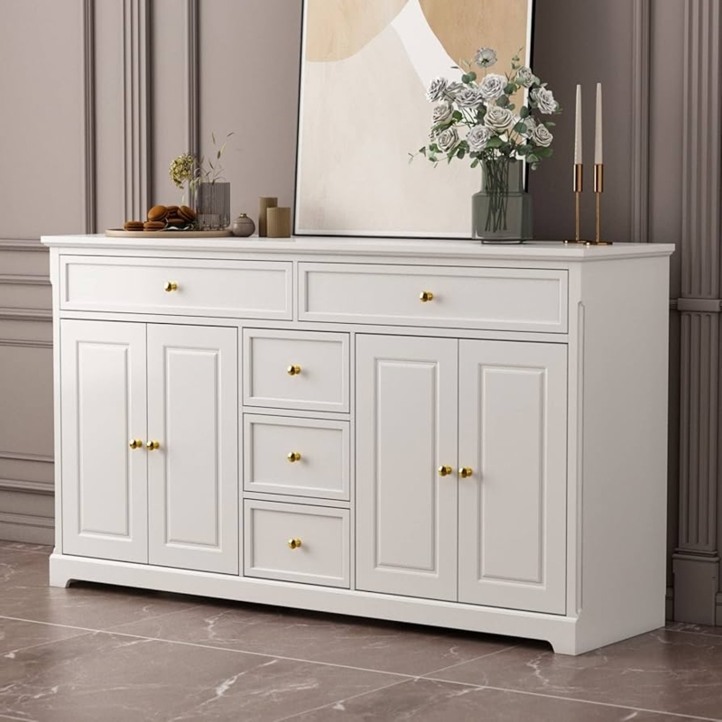 Mid-Century Sideboard Lacquered Fluted Doors Gold Tapered Legs